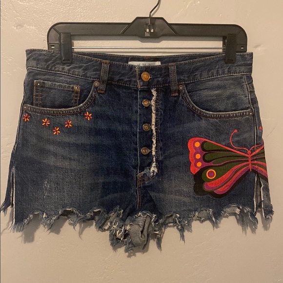 We The Free Pants - We The Free Dark Blue Jean Shorts with Colorful Painted Butterfly Woman 28